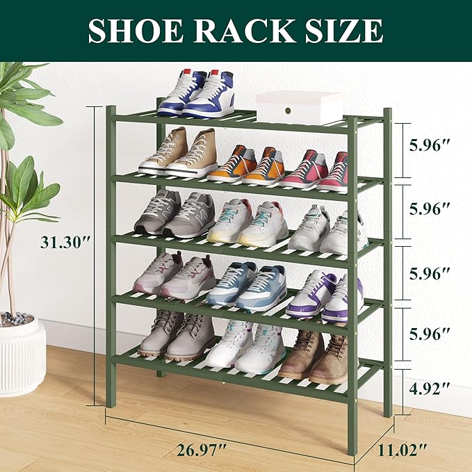 Smiry Bamboo Shoe Rack for Closet, 5 Tier Wooden Stackable Shoe Organizer, Free Standing Shoes Storage Shelf for Entryway, Fr