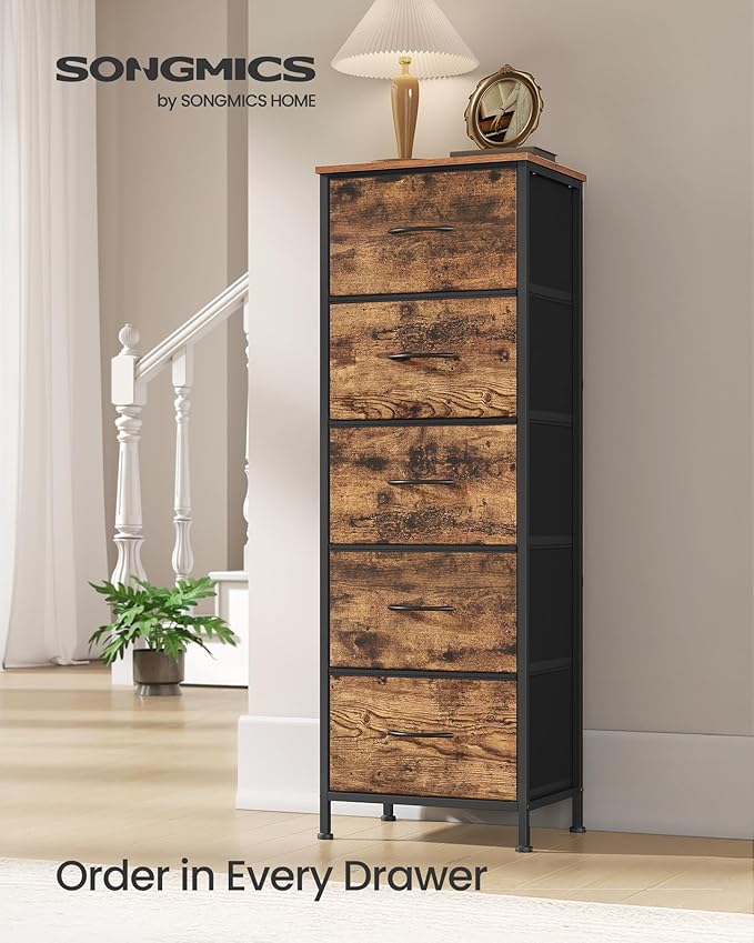 SONGMICS Dresser for Bedroom, Chest of Drawers, Steel, MDF, 5 Non-Woven Fabric Drawers, Storage Organizer Unit, Closet, Entry