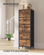 SONGMICS Dresser for Bedroom, Chest of Drawers, Steel, MDF, 5 Non-Woven Fabric Drawers, Storage Organizer Unit, Closet, Entry