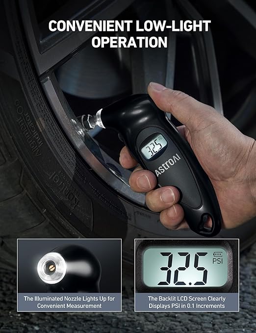 AstroAI Digital Tire Pressure Gauge with Replaceable AAA Batteries 0-150PSI, Accurate in 0.1 Increments, Tire Gauge with Backlit LCD, Presta Valve Adaptor, 4 Units for Car Truck Bicycle, Black, 2pack