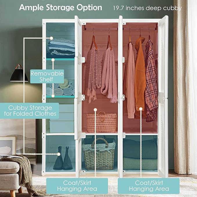 Tangkula Portable Closet Wardrobe, Foldable Clothes Organizer with Cubby Storage, Hanging Rods, Easy Assemble Clothing Storag