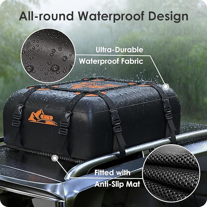 Car Rooftop Cargo Carrier Bag 15 Cubic Feet, 100% Waterproof Heavy Duty Car Roof Bag for All Vehicle with/Without Racks - Anti-Slip Mat, 4 Door Hooks, Storage Bags, 4PCS 3.8CM Straps(Orange)