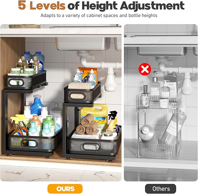 2 Pack 15.7IN-Depth Under Sink Organizer With Smooth Cylindrical Rail,2-Tier Pull Out Multi-Purpose Cabinet Storage for Bathr