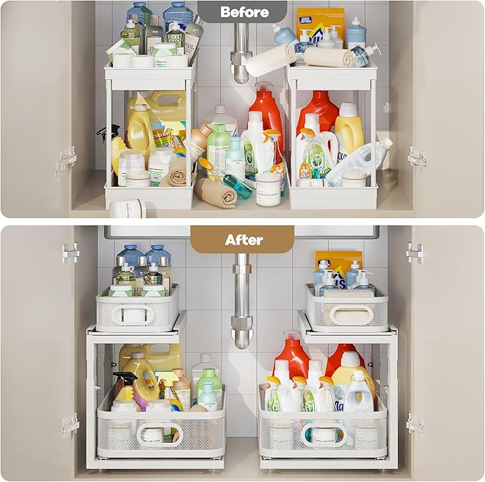 2 Pack Under Sink Organizer With Next-Gen Ball-Bearing Slides,2-Tier Precision Mesh Pull Out Cabinet Drawers Storage for Bath
