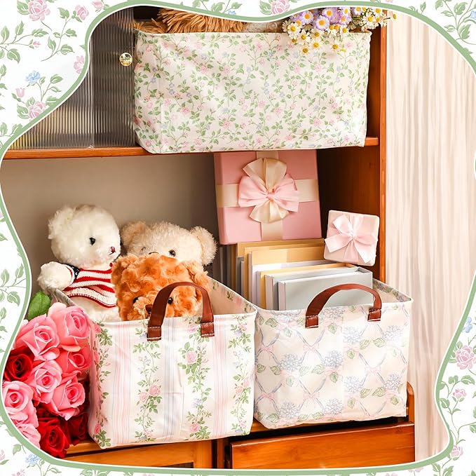 Boao 3 Pcs Blue Hydrangea Storage Bin Fresh Style Floral Collapsible Large Storage Baskets for Gifts Canvas Laundry Basket Fo