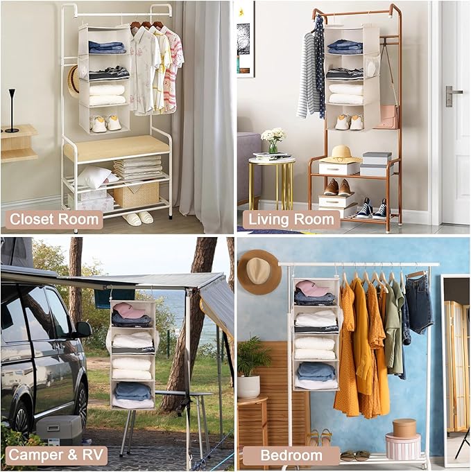 MAX Houser 4 Tier Shelf Hanging Closet Organizer, Space Saver,Closet Hanging Shelf with 2 Sturdy Hooks for Storage, Foldable 
