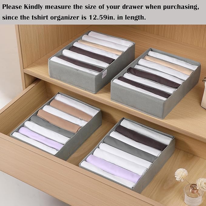 4 Packs T-shirt Drawer Organizers for Clothing,8 Grids Compartment Wardrobe Storage Box, Washable Clothes Organizer for Folde