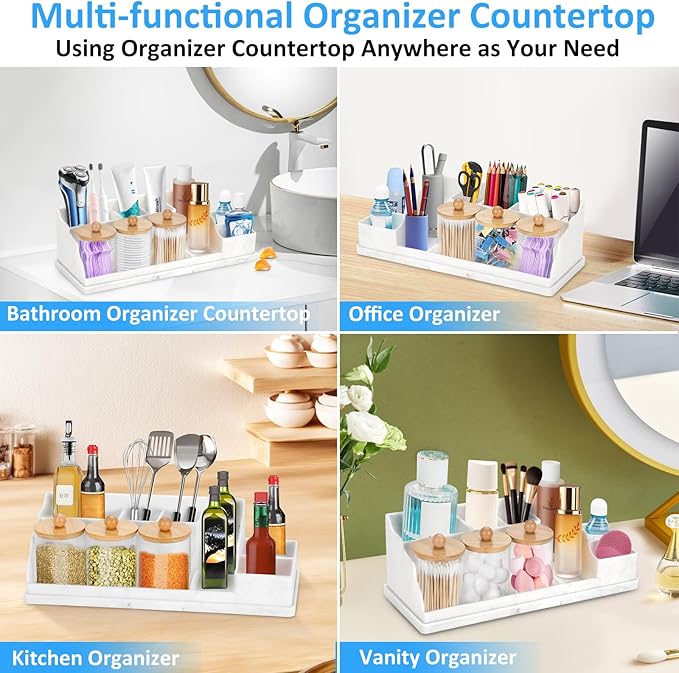 Bathroom Counter Organizer, White Silicone Toothbrush Holders for Bathrooms Organizer Countertop with 3PCS Qtip Holder, Tooth