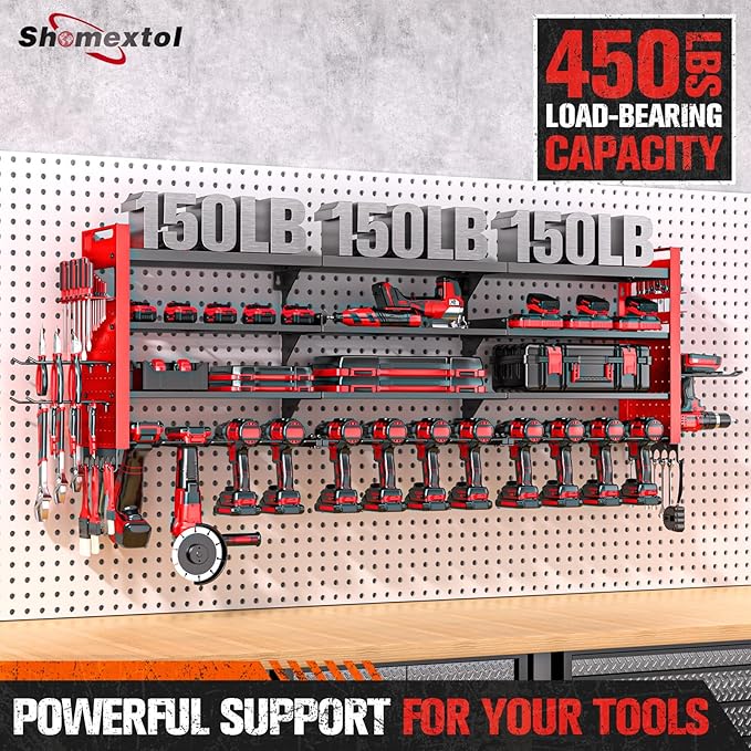 49.8" W Large Power Tool Organizer Wall Mount, Heavy Duty Tool Organizer with 14 cordless Drill Holder, 4 Layers Garage Organ