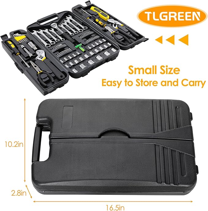 TLGREEN 95 Piece Tool Set, Tool Kit, Mechanics Tool Set, Portable Toolbox with Adjustable Wrench Pliers Socket Bits, with Pla