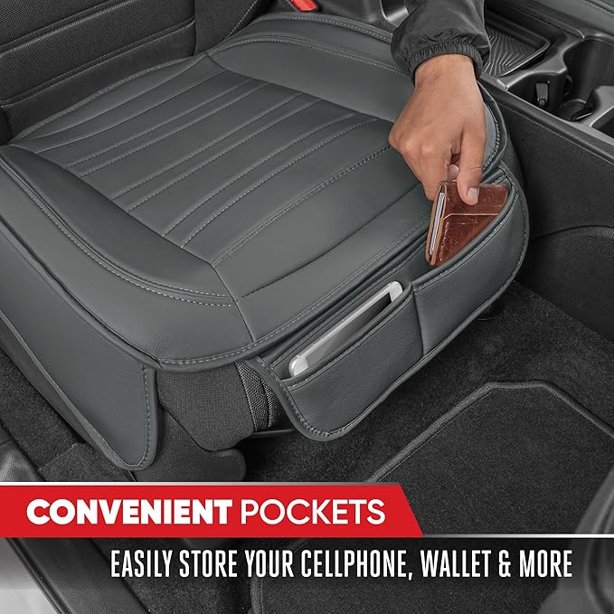Motor Trend Seat Covers for Cars Trucks SUV, Faux Leather 2-Pack Gray Padded Car Seat Covers with Storage Pockets, Premium In