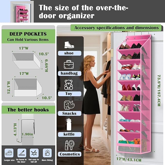 10 - Pocket Over - the - Door Hanging Shoe Organizers & Rack, Made of Sturdy 600D Oxford + Non - Woven Fabric, Space - Saving