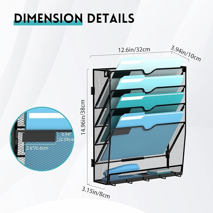 5 Tier Wall File Organizer - Hanging File Organizer with 5 Hooks, Mail Holder Wall Mounted for Papers, Folders, Magazines, Bi
