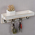 MyGift 10 Inch Floating Wall Shelf with Hooks, Whitewashed Wood Entryway Storage Shelf with 4 Metal Key Hooks