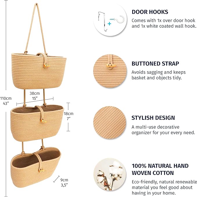 OrganiHaus Over the Door Hanging Basket for Organizing, 3-Tier Hanging Wall Basket for Storage, Boho Nursery Decor for Wall, 