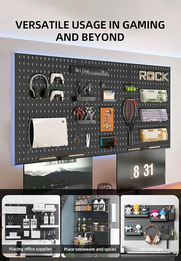 Pegboard Wall Organization Accessories Pack - 25 Pieces of White Hooks, Storage Bins & Fastening Strips(Black)