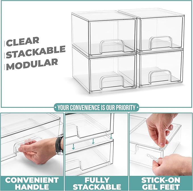 Sorbus Acrylic Storage Containers - 4 Pack, Stackable Storage Bins Set for Bathroom Organization - Clear Acrylic Drawer Organ
