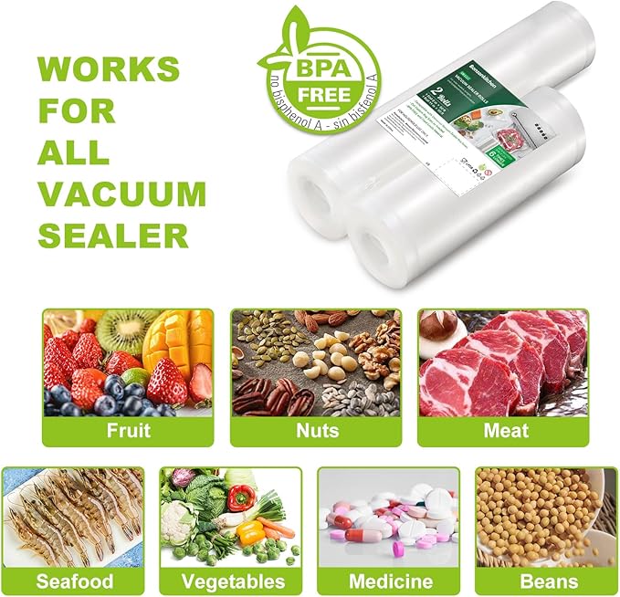 Bonsenkitchen Vacuum Food Sealer Rolls Bags, 8" x 50' & 11" x 50' Commercial Grade BPA Free Bag Rolls, Durable Customized Siz