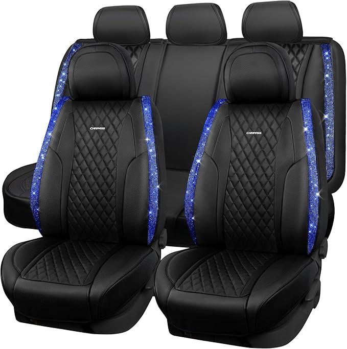 CAR PASS Nappa Leather seat Covers Bling Diamond Car Seat Covers Full Set Universal Cushioned, Waterproof Heavy-Duty Anti-Sli