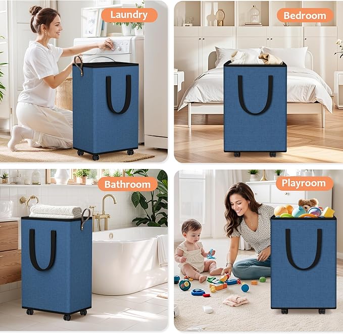 SpaceTrove Laundry Basket with Wheels, Collapsible Laundry Baskets, Laundry Hamper with Handles Detachable Wheels, Rolling La
