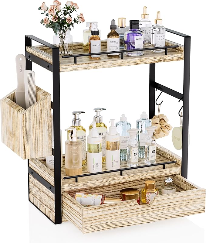 2-Tier Wood Bathroom Counter Organizer, Countertop Organizer with Drawer and Storage Basket, Bathroom Sink Organizer for Vani