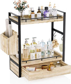 2-Tier Wood Bathroom Counter Organizer, Countertop Organizer with Drawer and Storage Basket, Bathroom Sink Organizer for Vani