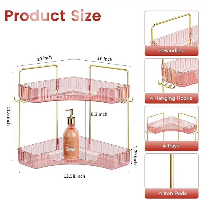 Delicate Pink 2-Tier Corner Counter Organizer with Expandable Hooks | Bathroom, Kitchen & Vanity Storage for PET Makeup, Skin