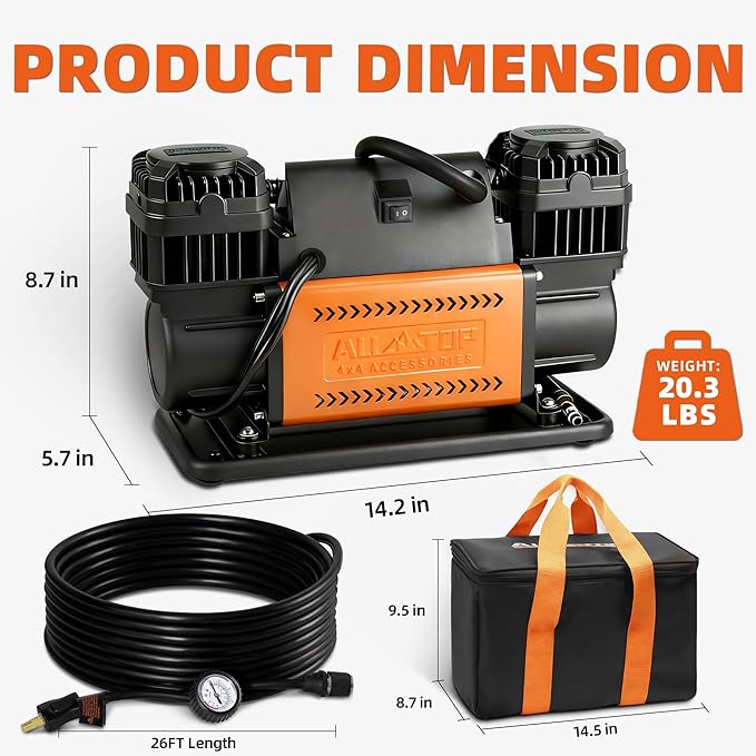 ALL-TOP Air Compressor Kit, Dual Cylinder 12V Portable Inflator 12.35 ft³/Min, Offroad Air Compressor Pump for Truck Tires, Heavy Duty Max 150 PSI for 4x4 Vehicle & RV