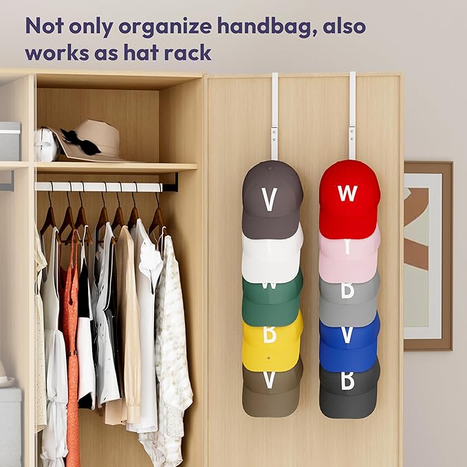 SWTYMIKI Over the Door Purse Organizer - 2 Packs Wall Mounted Purse Rack with 5 Hooks Design, Hanging Handbag Organizer Stora