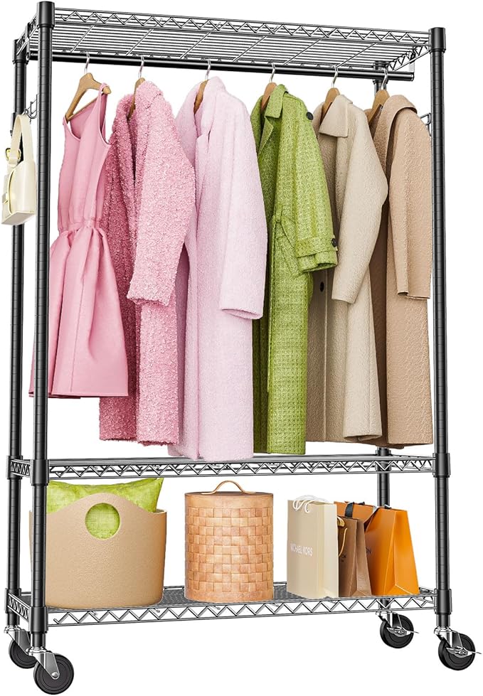 M MZG Heavy Duty Rolling Garment Rack 3 Tiers Adjustable Wire Shelving Clothes Rack with 1 Rods and Side Hooks,Storage Closet