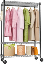 M MZG Heavy Duty Rolling Garment Rack 3 Tiers Adjustable Wire Shelving Clothes Rack with 1 Rods and Side Hooks,Storage Closet