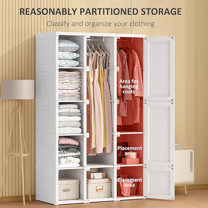HOMCOM Portable Wardrobe Closet, Folding Clothes Storage Organizer with 8 Cube Compartments, 2 Hanging Rods, 11 Magnet Doors,