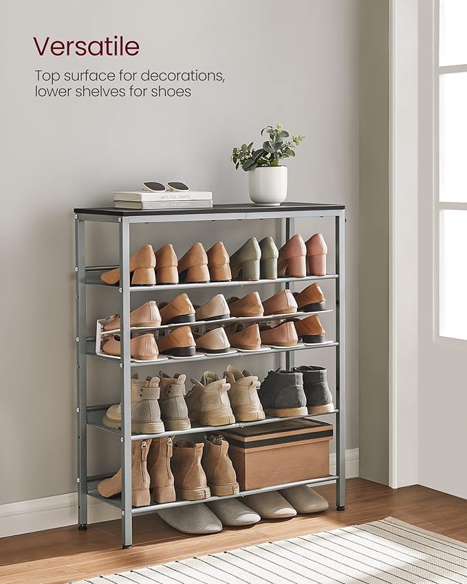 VASAGLE Shoe Rack for Entryway, 5-Tier Shoe Rack Organizer with Storage Shelves and Spacious Top, Freestanding, Adjustable, I