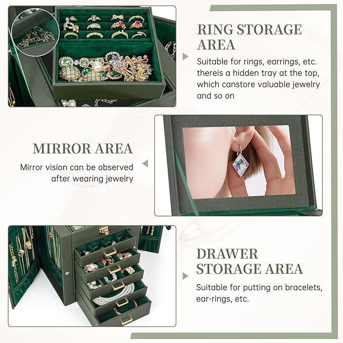 AKOZLIN Jewelry Box Organizer Functional Leather Jewelry Storage Case for Women Girls Ring Necklace Earring Bracelet Holder O