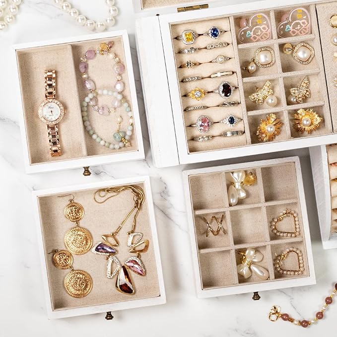 Poyilooo Jewelry Box Organizer, Solid Wood Jewelry Boxes for Women for Storage & Display Necklace Ring Earring Bracelet, Rust