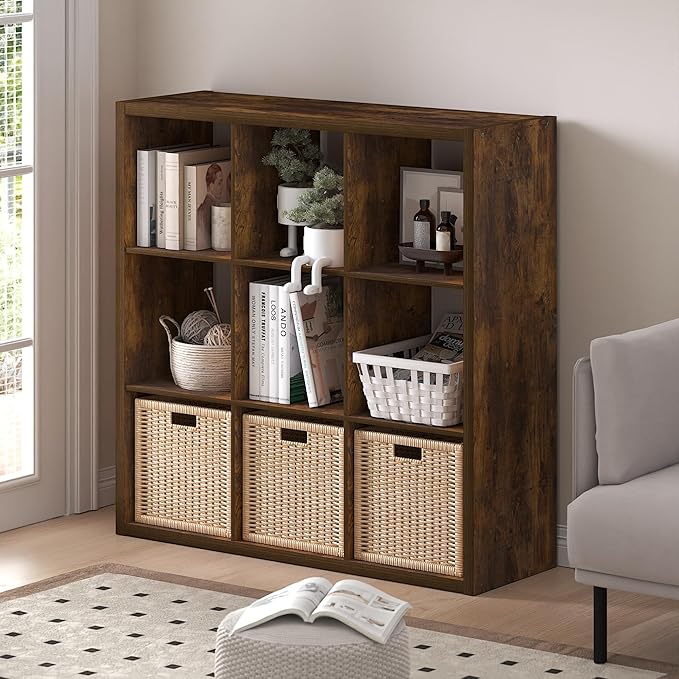 Furinno Cubicle Book Shelf, 9-Cube Bookshelf, Extra Thick Frame Reversible Bookcase with Open Back, 14.6" x 44" x 44", for Li