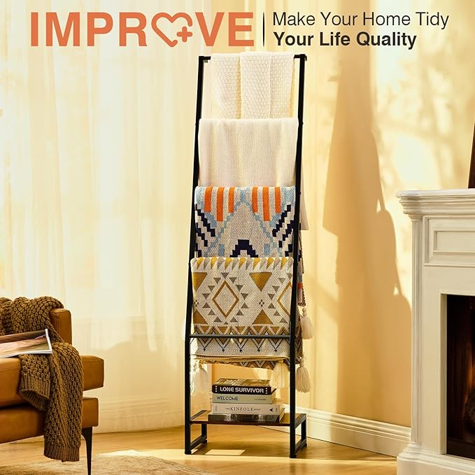 DGWJSU Blanket Ladder, 5 Tier Ladder Shelf,Wooden Blanket Ladders for Living Room and Bedroom, 5.2ft Blanket Holder Rack Farm