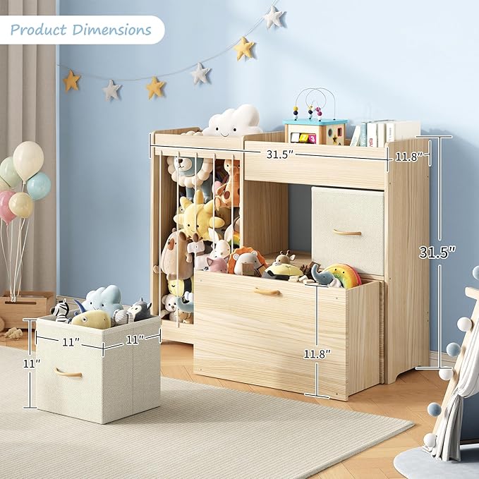 EXPERLAM Toy Organizer and Stuffed Animals Storage, All-in-One Toy Shelf with Stuffed Animal Holder, 2 Drawers, Movable Toy C