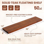 Teak Floating Shelves Set of 2-32 Inch Natural Waterproof Wood Wall Shelves with Invisible Brackets for Bathroom, Kitchen, Ba