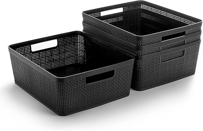 BINO | Woven Plastic Basket | Medium (Black), 4-Pack | THE JUTE COLLECTION | Home Organization, Space - Saving Storage, Styli