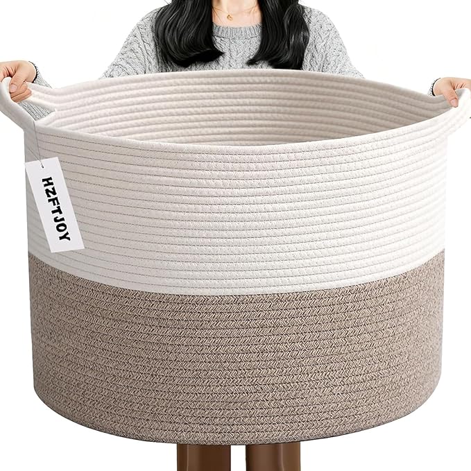 90L Extra Large Blanket Basket,Rope Woven Storage Basket with Handles, Laundry Hamper for Toys, Clothes, Pillows & Towels, Pe