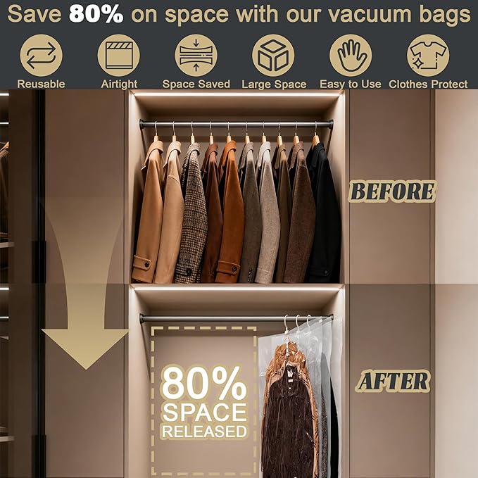 Hanging Vacuum Storage Bags,Hanging Vacuum Sealer Storage Space Saver Bags for Clothes, Suits, Coats, Dresses or Jackets, Reu