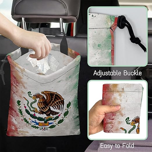 Vintage Mexico Flag Car Trash Bag,Hanging Drawstring Car Garbage Bag,Waterproof Canvas Car Back Seat Organizer with Adjustable Buckle,for Vehicles,SUVs,Camping,Road Trips