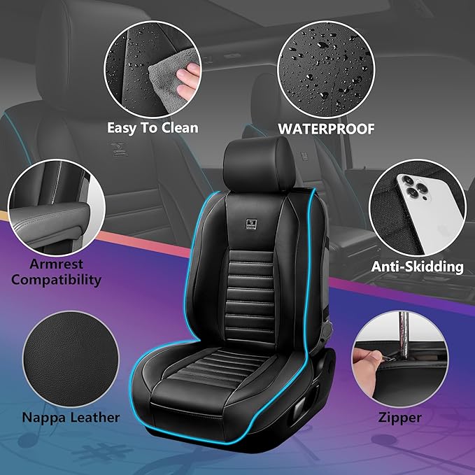 CAR PASS LED Lights Nappa Leather Car Seat Covers Front Seats, Waterproof Seat Cover for Cars Variable RGB Lights with DIY Mu