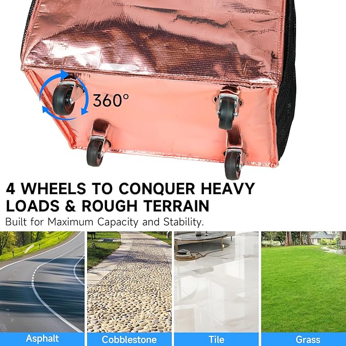 Reusable Grocery Bag On Wheels, 70L Foldable Shopping Cart with 6 Pockets & 3-Way Carry, Heavy Duty Handles, Zipper Closure for Travel, Shopping, Laundry, Medium, Rose Gold