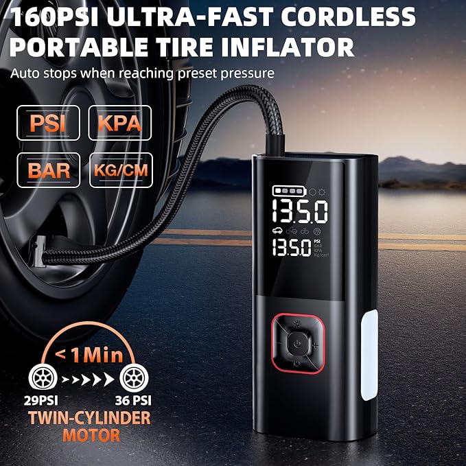 Jump Starter with Air Compressor, 5000A Battery Jumper Starter Portable (9L Gas/8L Diesel) with 160PSI Auto-Shutoff Tire