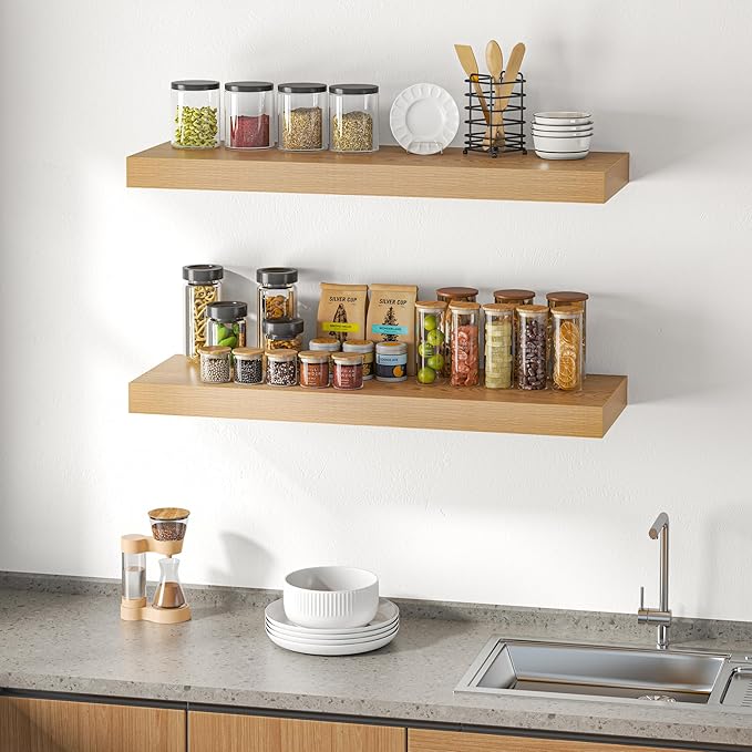 Dreamland 40" Floating Shelves for Wall, 12" Deep Thicker Oak Floating Shelves, Wall-Mounted Shelves for Bedroom, Living Room