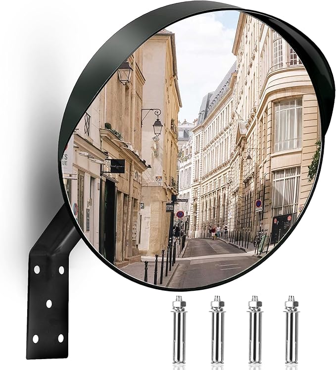 16-Inch Convex Security Corner Mirror - Adjustable Fixing Bracket, Wide Angle, Indoor and Outdoor Use - Ideal for Warehouse, Office, Parking Garage, Alleys, Driveways and Traffic Safety(Black）