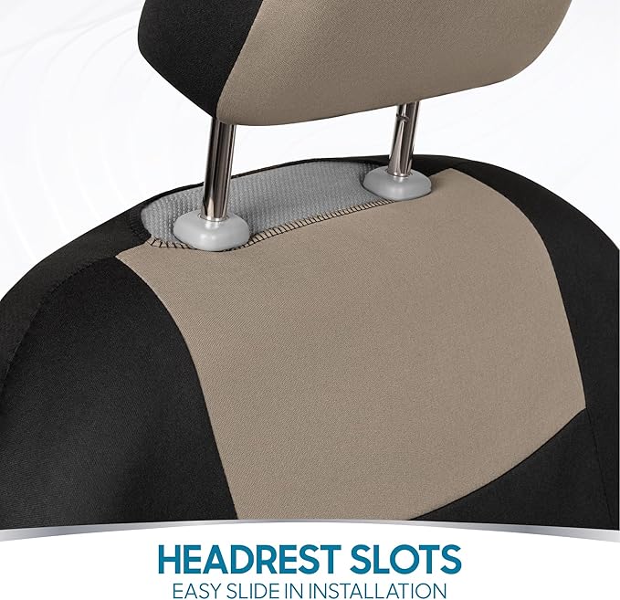 BDK PolyPro Car Seat Covers Full Set in Light Beige on Black, Front and Rear Split Bench Seat Covers for Cars, Easy to Instal
