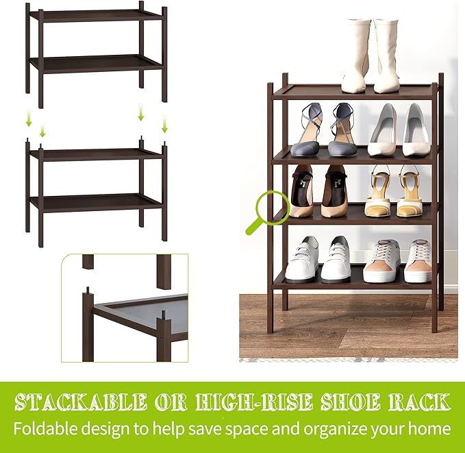 BMOSU 2-Tier Bamboo Small Shoe Rack Premium Stackable Shoe Shelf Storage Organizer for Hallway Closet Living Room Entryway Or